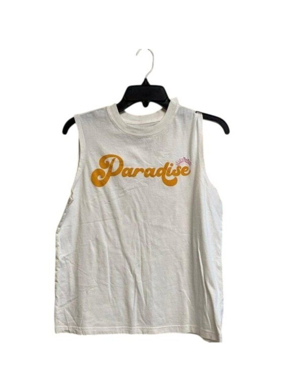 Paradise Graphic Sleeveless Tank Top White & Yellow Womens Casual Small - Picture 2 of 5